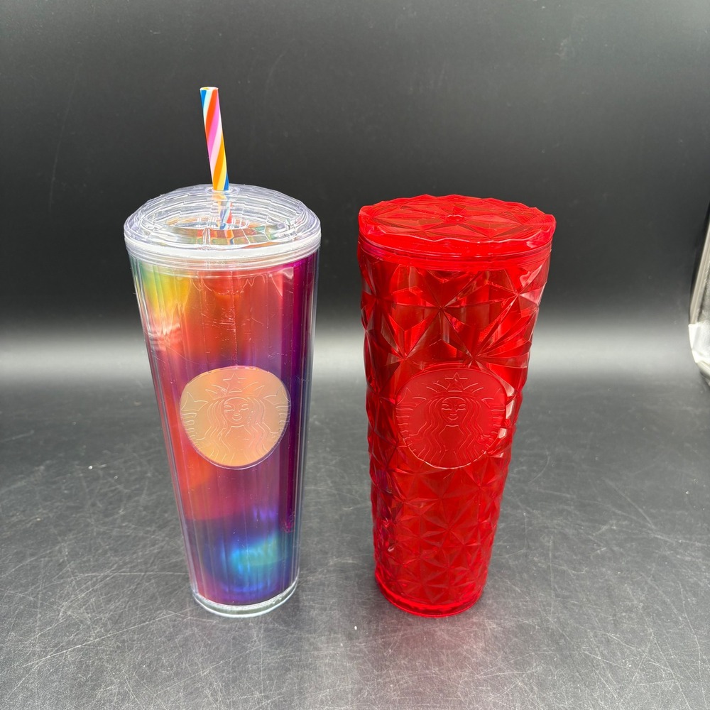 Starbucks 24oz Tumbler Set Rainbow Oil Slick & Red Jeweled Grid Cold Cups